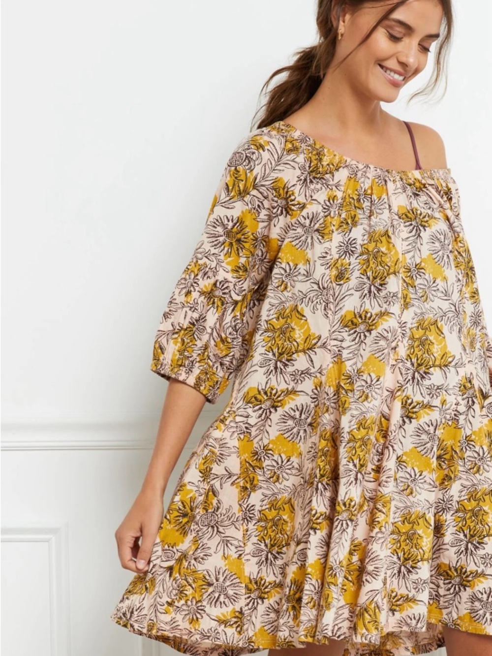 Anthropologie Floral Off-Shoulder Swing Dress in Mustard and Blush